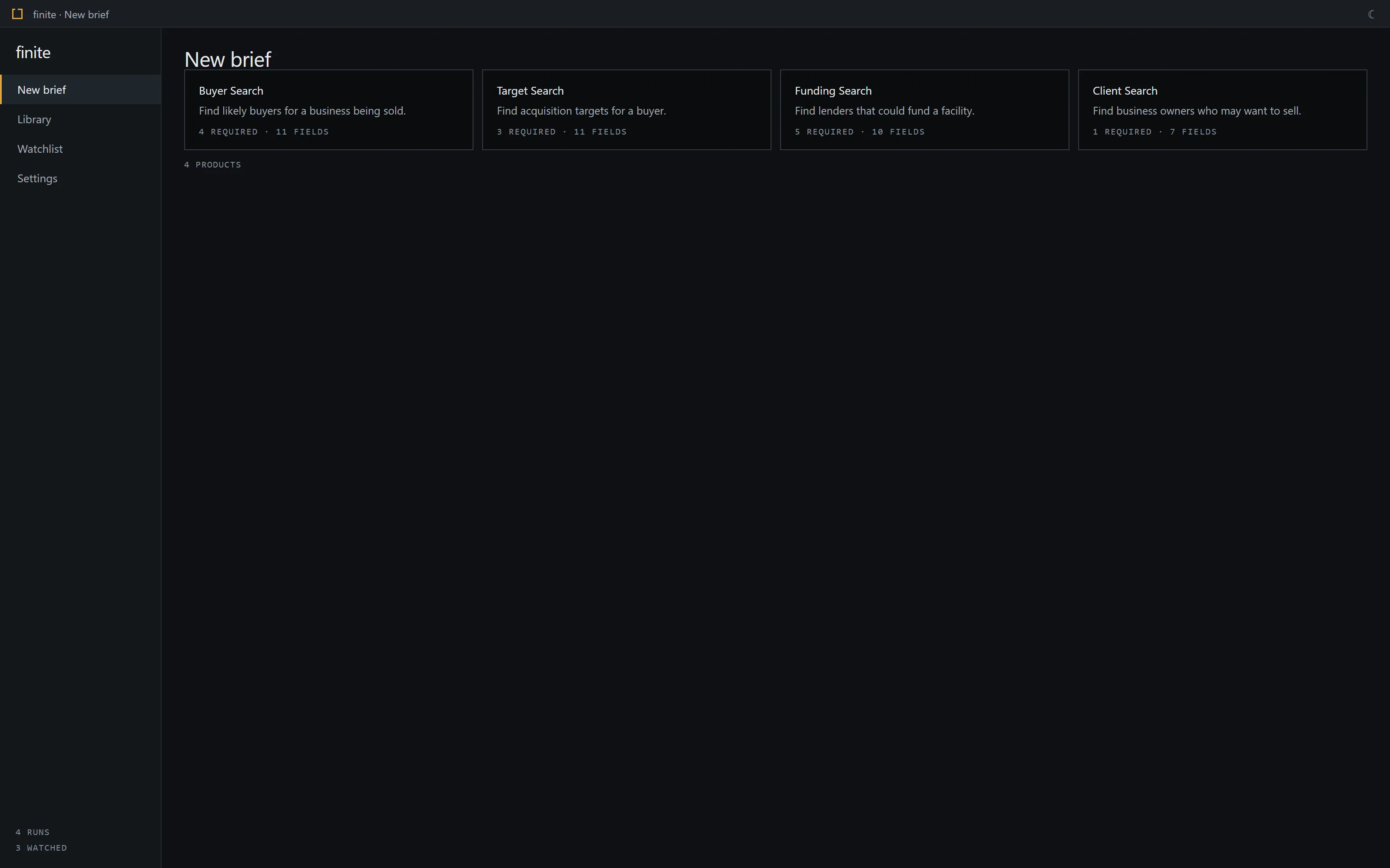 The new brief screen offering four kinds of search, each with a one line description