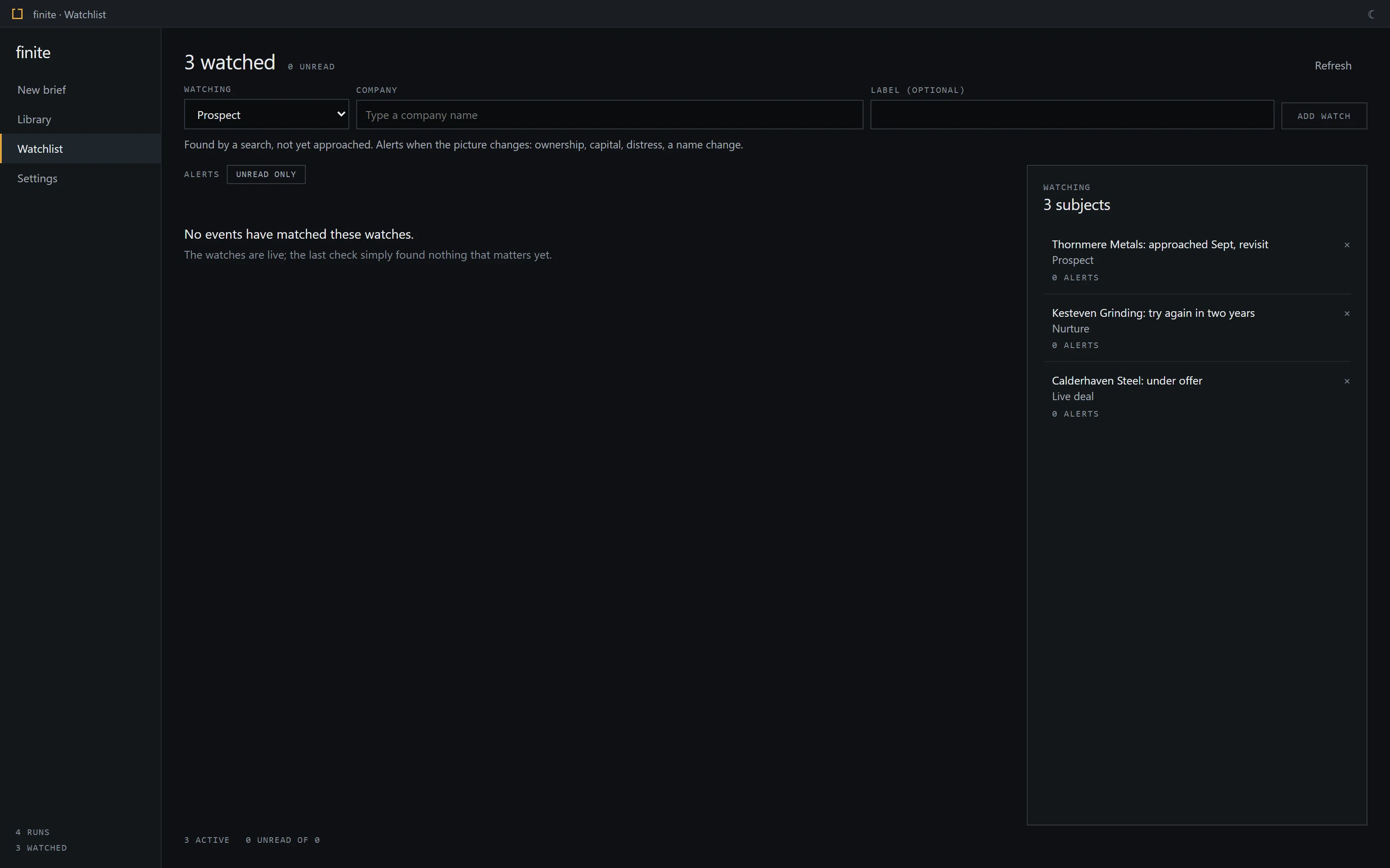 The watchlist screen with three companies being followed, each marked as a prospect, a nurture or a live deal